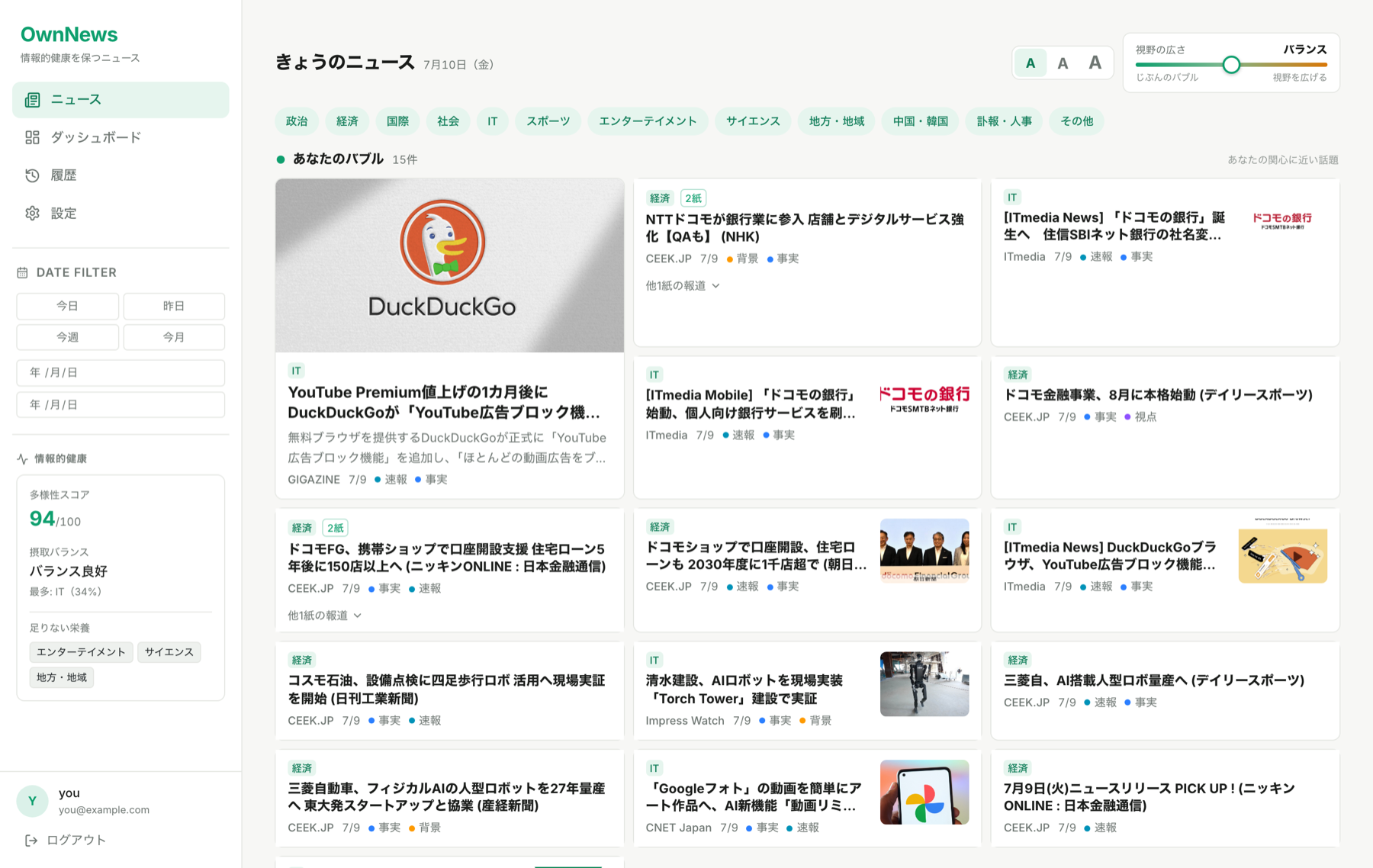 OwnNewsのフィード画面。あなたのバブル(関心に近い話題)と、いろいろなニュース(全ジャンルから均等)の2つのゾーンに分かれ、上部の「視野の広さ」スライダーで推薦の強度を調整できる